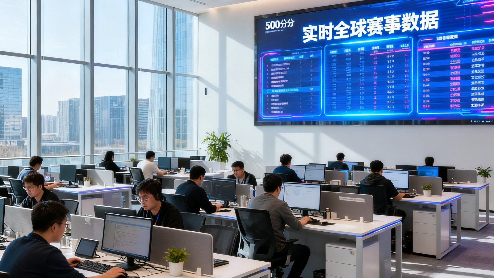 500比分北京望京总部开放式办公区，数十名员工在现代化工位上专注工作，墙面上悬挂着巨大的LED屏幕显示实时全球赛事数据，自然光透过落地窗照亮整个空间